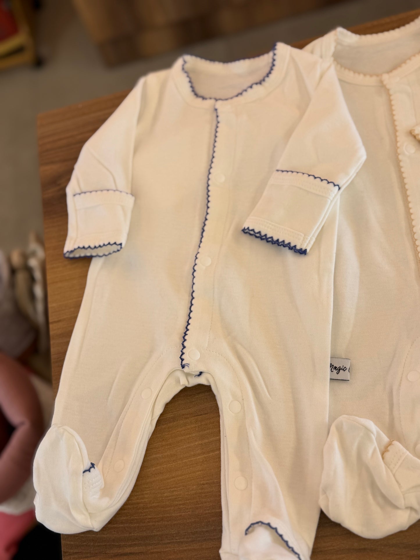 White Navy blue Edges - Hospital Set (Cotton Blanket + White Overall + Beanie)