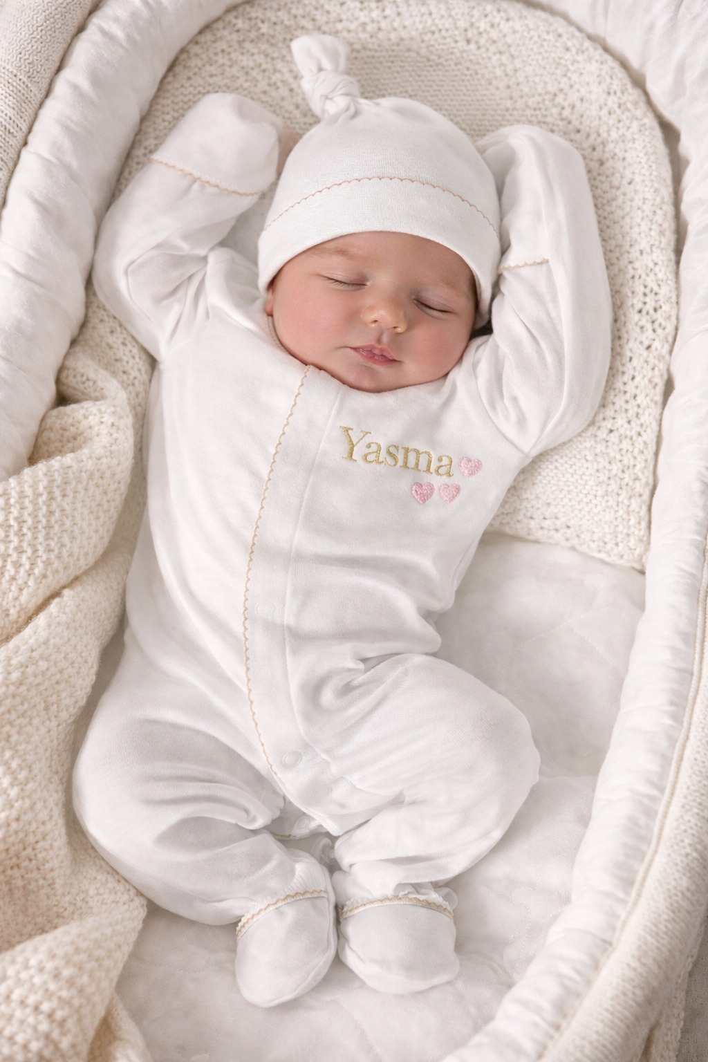 White Gold Edges Hospital Set (Cotton Blanket + White Overall + Beanie)