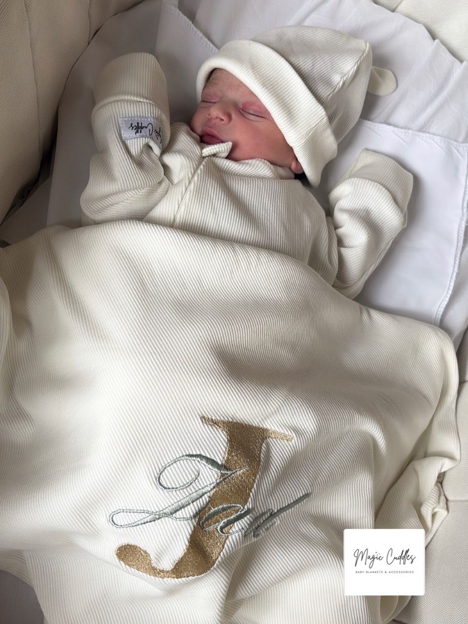 Baby Boy in White - Hospital Set (Cotton White Blanket + White Overall + Beanie)