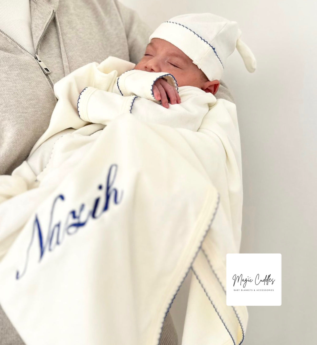 White Navy blue Edges - Hospital Set (Cotton Blanket + White Overall + Beanie)