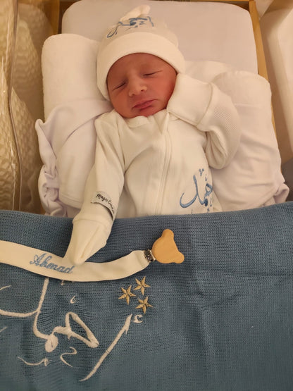 Boys winter Hospital Set (Blue pompom winter blanket + White zipper velvet overall + White Beanie)