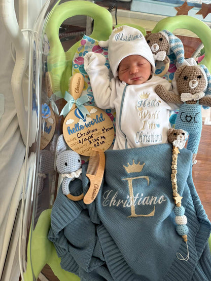 Boys winter Hospital Set (Blue Pompom winter blanket + White blue zipper velvet Overall + Beanie)