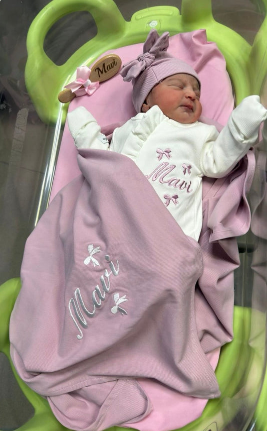 White & Pink Mix - Hospital Set (Powder Pink Blanket with White Overall + Headpiece)