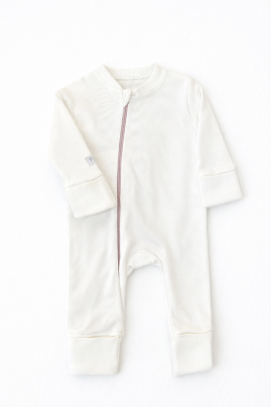 White ribbed with pink zipper- Baby Overall