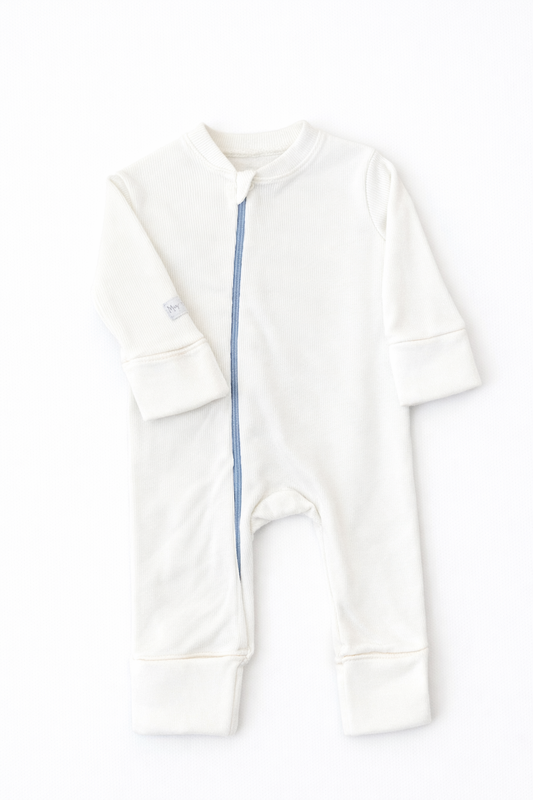 Cotton White Blue Zipper - Baby Overall