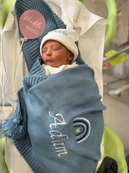 Boys winter Hospital Set (Blue pompom winter blanket + White zipper velvet overall + White Beanie)