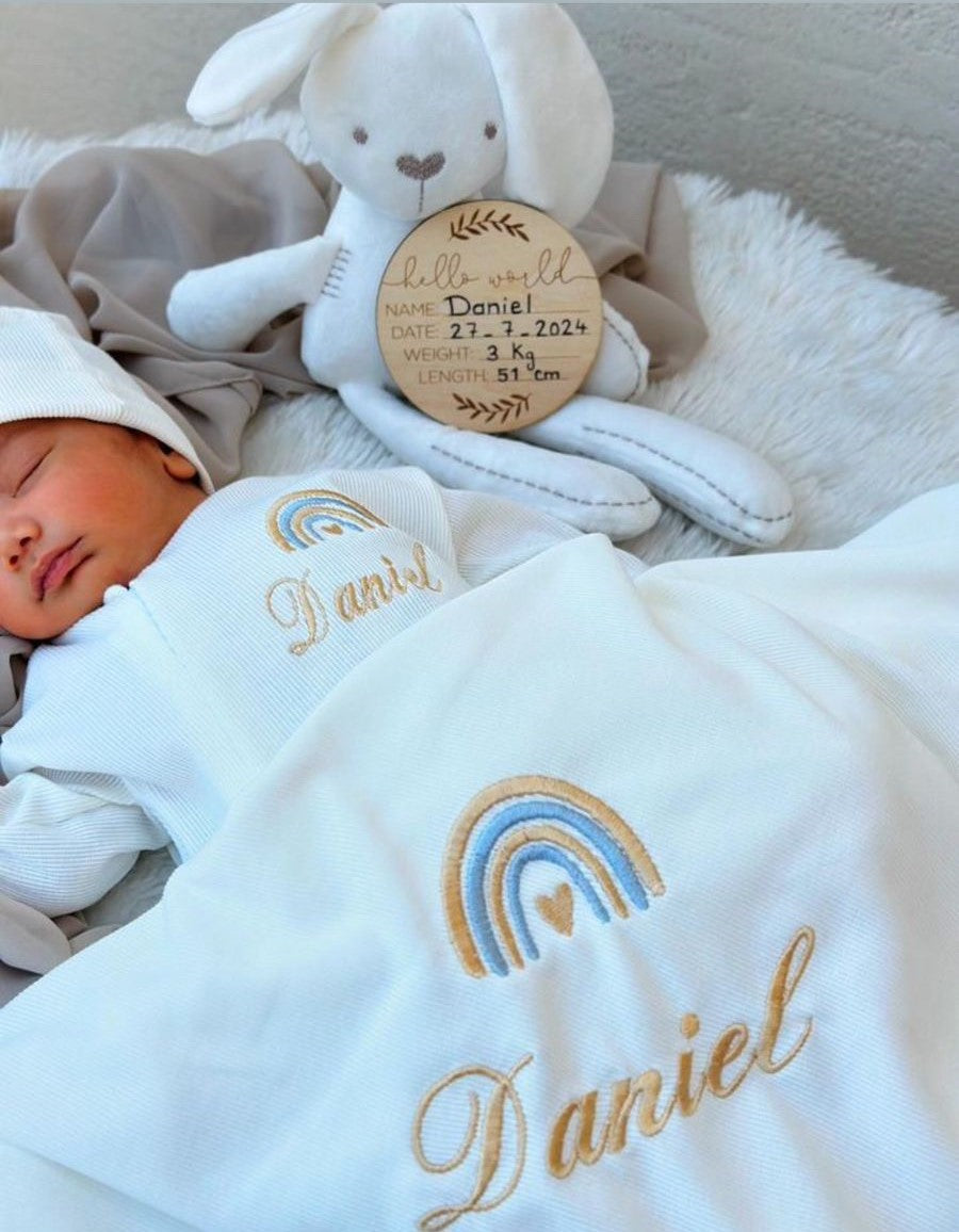 Baby Boy in White - Hospital Set (Cotton White Blanket + White Overall + Beanie)