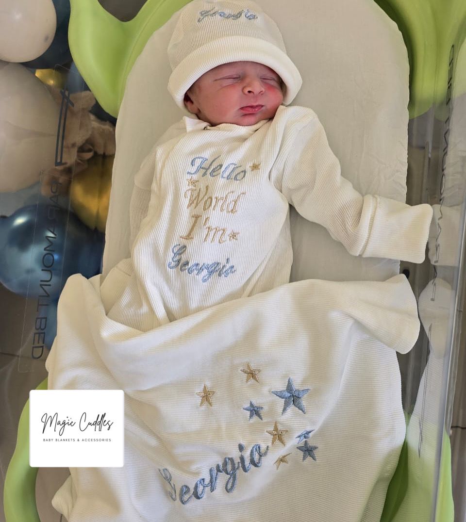 Baby Boy in White - Hospital Set (Cotton White Blanket + White Overall + Beanie)
