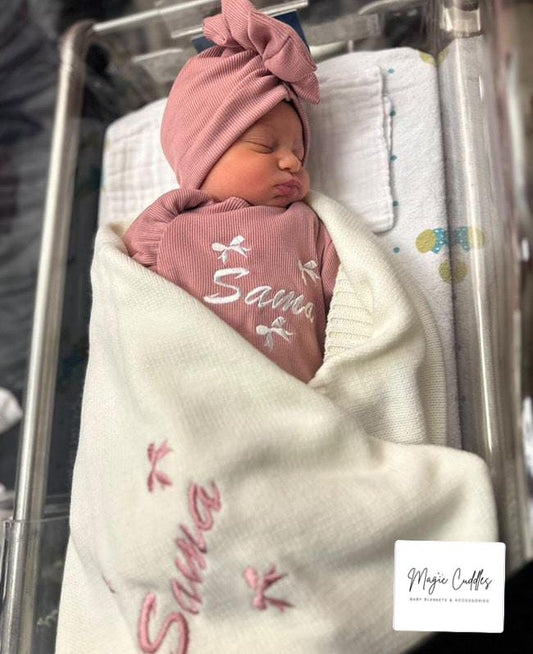 Girl Hospital Set - Mix Edition (White Pompom Blanket + Pink Overall + Headpiece)