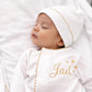 White Gold Edges Hospital Set (Cotton Blanket + White Overall + Beanie)