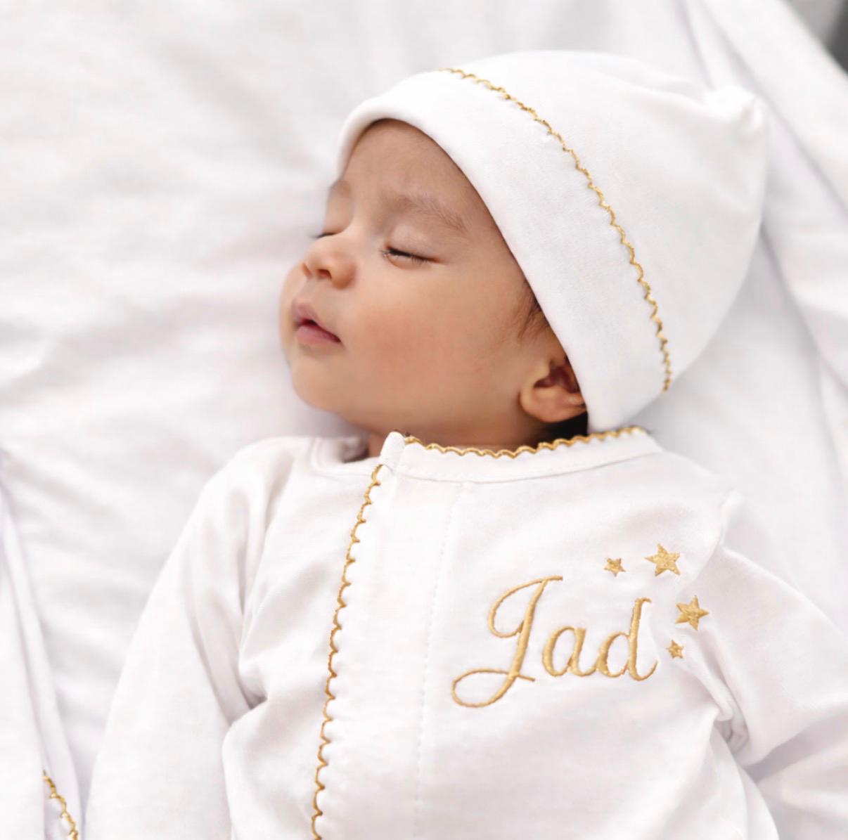 White Gold Edges Hospital Set (Cotton Blanket + White Overall + Beanie)