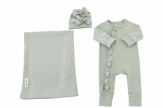 Pine Hospital Set with Ruffles (mint blanket with mint ruffles overall and beanie)