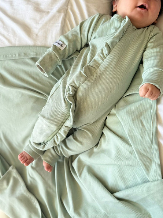 Pine Hospital Set with Ruffles (mint blanket with mint ruffles overall and beanie)