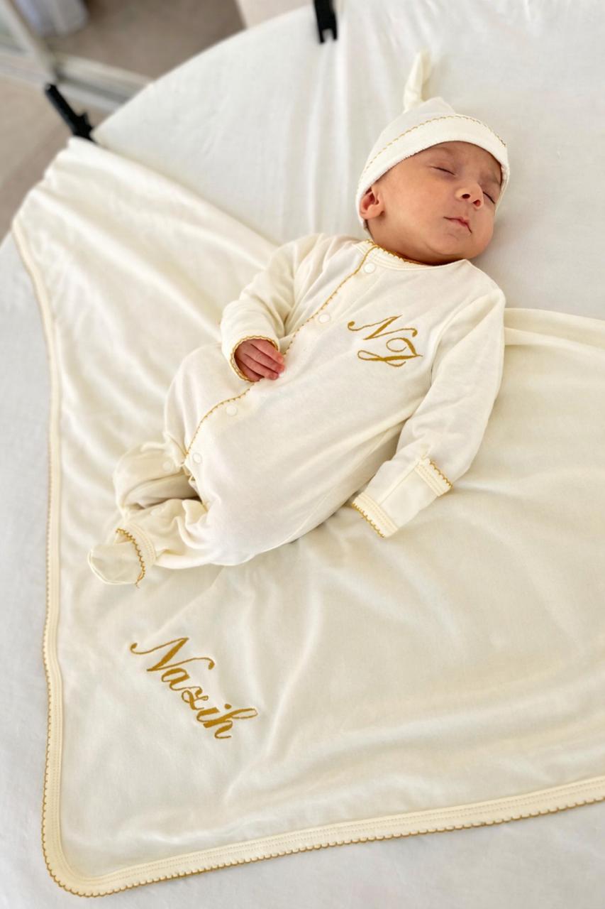 White Gold Edges Hospital Set (Cotton Blanket + White Overall + Beanie)
