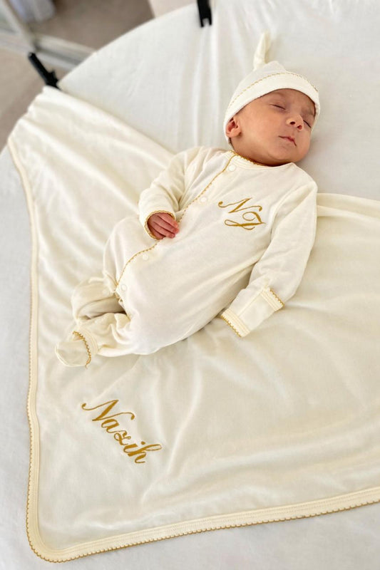 White Gold Edges Hospital Set (Cotton Blanket + White Overall + Beanie)