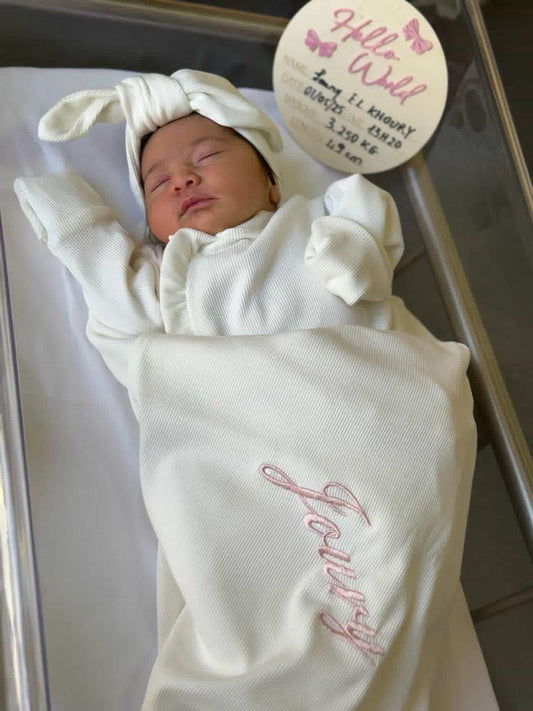Baby Girl in White - Hospital Set (Cotton White Blanket + White Overall + Headpiece)
